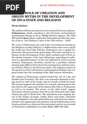 On the role of creation and origin myths and origin muths in the development of inca state and religiosn (Inglés) (Artículo)
