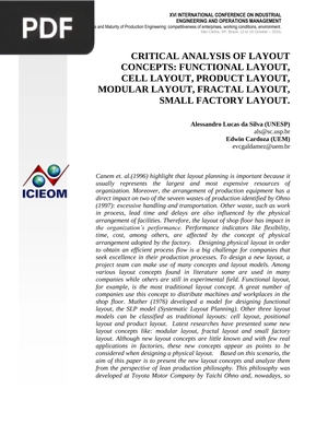 Critical analyris of layout concepts: functional layout, cell layout, producti layout, modular layout, fractal layout, small factoru layout. (Inglés)
