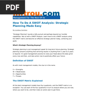 How to do a SWOT Analysis: Strategic. Planning Made Easy  (Artículo) (Inglés)