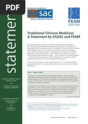 Traditional Chinese Medicine: A Statement by EASAC and FEAM (Inglés) (Artículo)