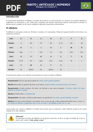 Alfabeto, Artículos, Números. Portugués A1